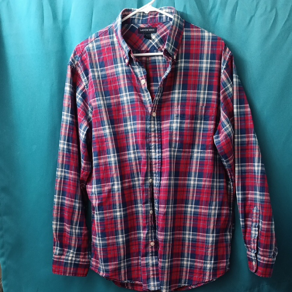 Lands' End Men's Red and Blue Plaid Shirt
